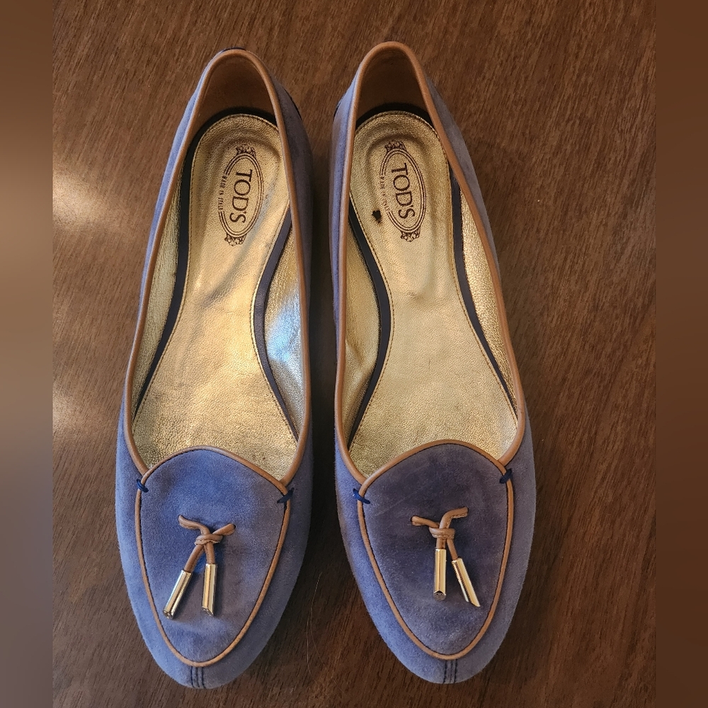 Tod's Women's Light Blue Suede Loafers with Tan Trim